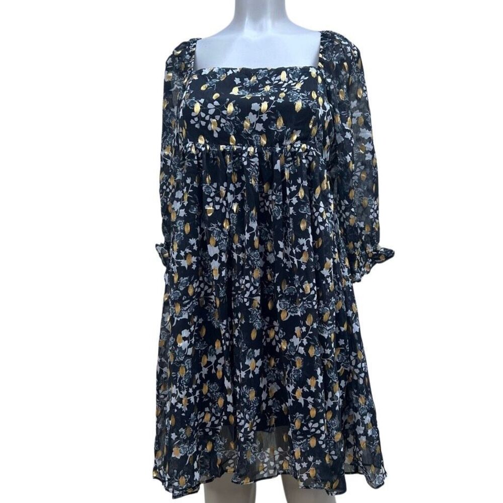 NWT Sweet Lemon Lurex Dot Shift Dress Women's Large Navy Metallic Gold Print